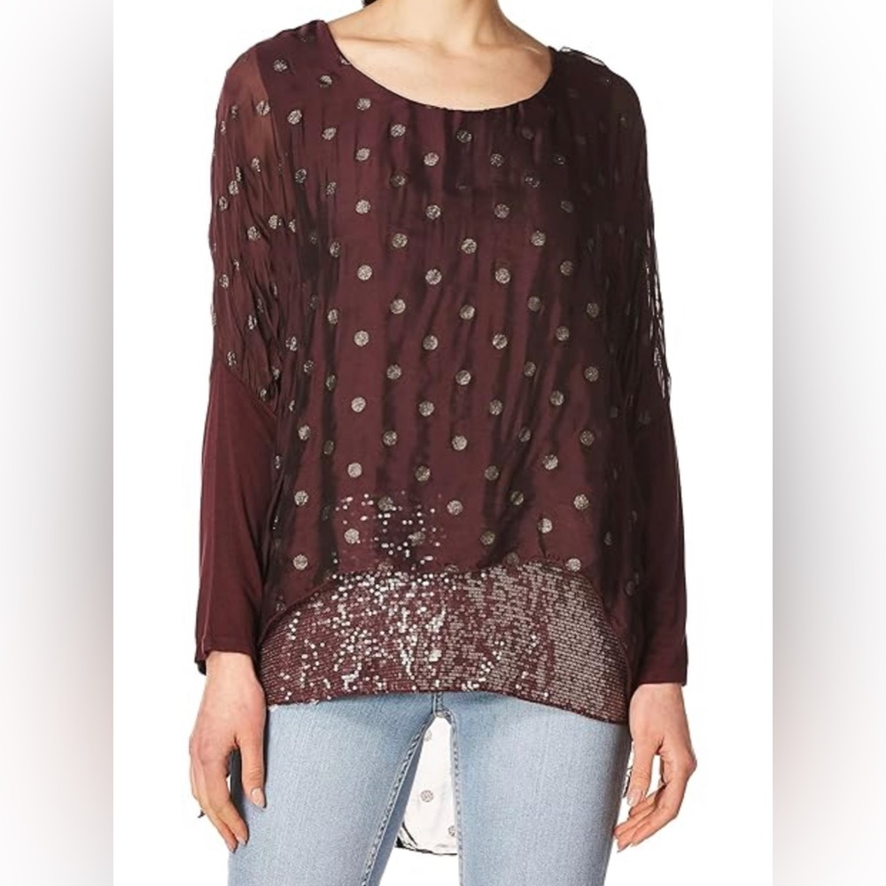 Tempo Paris Women's Medium Burgundy Polka Dot Chiffon Blouse Top